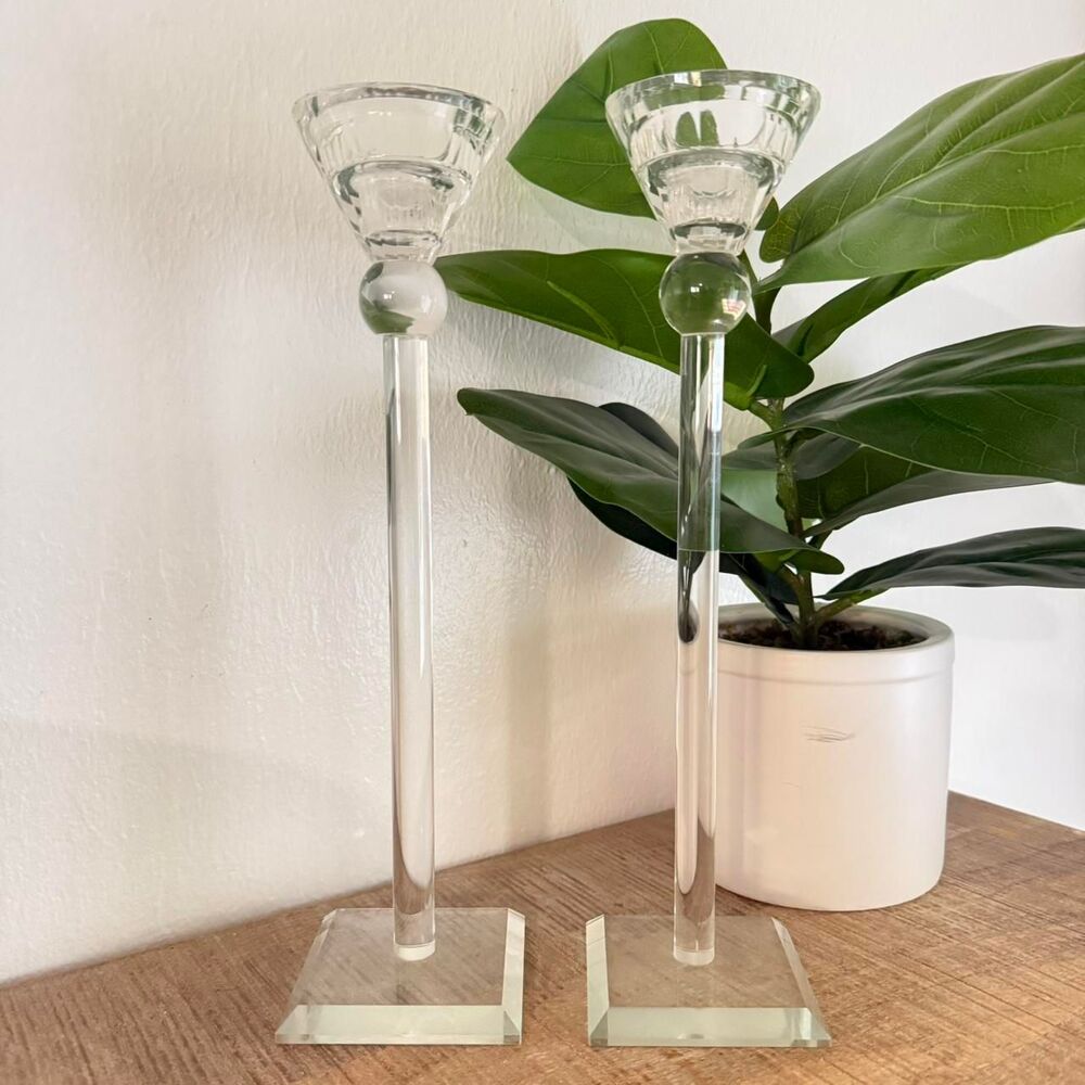 Vintage Clear Glass Taper Candlestick Holder Pair Tall Square Crystal Coquette